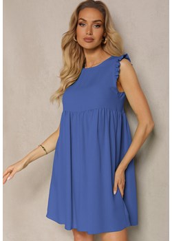 Niebieska Sukienka z Wiskozy z Falbanką przy Rękawie i Wiązaniem z Tyłu Mloelia ze sklepu Renee odzież w kategorii Sukienki - zdjęcie 172089979