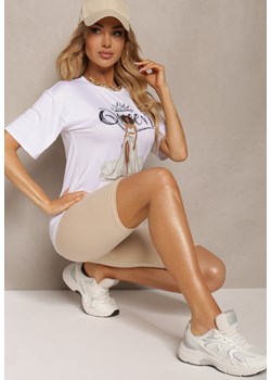 Beżowo-Biały  Komplet 2-Częściowy Koszulka z Ozdobnym Nadrukiem i Elastyczne Kolarki High Waist Vannesa ze sklepu Renee odzież w kategorii Komplety i garnitury damskie - zdjęcie 172090295