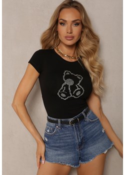 Czarny T-shirt z Bawełny z Aplikacją z Cyrkonii Fierana ze sklepu Renee odzież w kategorii Bluzki damskie - zdjęcie 172090445