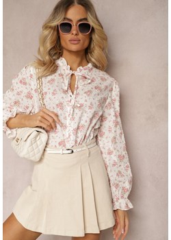 Biało-Różowa Koszula z Bawełny Wiązana pod Szyja w Kwiatowy Print Hettena ze sklepu Renee odzież w kategorii Koszule damskie - zdjęcie 172090468