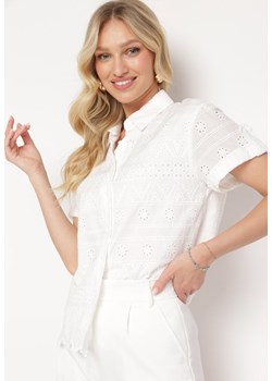 Biała Koszula z Krótkim Rękawem Bawełniana z Haftowanej Tkaniny Cavanella ze sklepu Born2be Odzież w kategorii Koszule damskie - zdjęcie 172090589