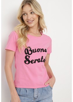 Różowy Bawełniany T-shirt z Ozdobnym Napisem z Cyrkonii Tiavalia ze sklepu Born2be Odzież w kategorii Bluzki damskie - zdjęcie 172095195