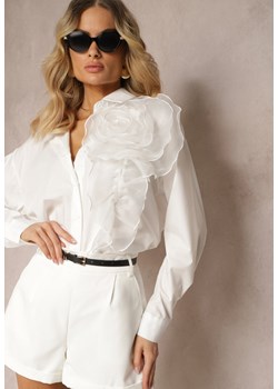 Biała Koszula z Ozdobnym Kwiatem z Długim Rękawem Zapinana na Guziki Azarae ze sklepu Renee odzież w kategorii Koszule damskie - zdjęcie 172098838