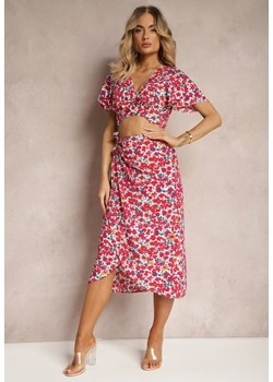Różowy Komplet Wiskozowy Krótki Top z Wiązaniem przy Dekolcie Kopertowa Spódnica Fannestra ze sklepu Renee odzież w kategorii Komplety i garnitury damskie - zdjęcie 172099105