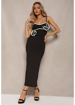 Czarna Sukienka o Dopasowanym Kroju na Ramiączkach z Rozcięciem i Aplikacjami Kwiatów Birsa ze sklepu Renee odzież w kategorii Sukienki - zdjęcie 172099135