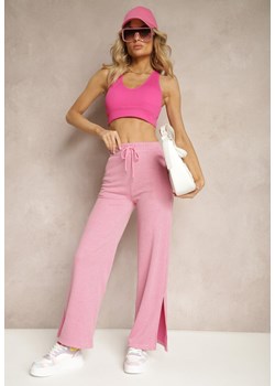 Różowe Spodnie z Szerokimi Nogawkami i Gumką w Talii z Rozcięciami Kamllia ze sklepu Renee odzież w kategorii Spodnie damskie - zdjęcie 172099215