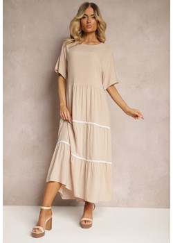 Beżowa Sukienka z Bawełny z Krótkim Rękawem Marolla ze sklepu Renee odzież w kategorii Sukienki - zdjęcie 172099365