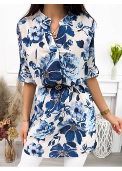 Kremowa Tunika/Sukienka w Niebieskie Kwiaty ze sklepu ModnaKiecka.pl w kategorii Sukienki - zdjęcie 172106589