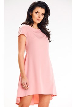 Asymetryczna sukienka mini z krótkim rękawem pudrowy róż A645, Kolor róż pudrowy, Rozmiar L, Awama ze sklepu Primodo w kategorii Sukienki - zdjęcie 172108866