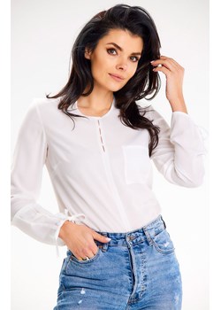 Bluzka damska biała z długim rękawem wiązanym na dole A651, Kolor biały, Rozmiar L, Awama ze sklepu Primodo w kategorii Bluzki damskie - zdjęcie 172108935