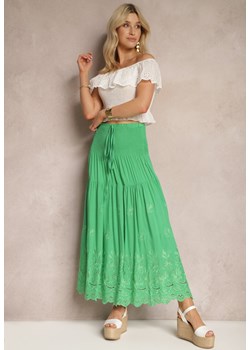 Zielona Rozkloszowana Spódnica z Bawełny z Naszytym Haftem Lomiana ze sklepu Renee odzież w kategorii Spódnice - zdjęcie 172111519
