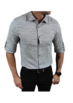 Koszula klasyczna tkanina lniana grubsza  slim fit szara ESP017 DM ze sklepu Moda Męska w kategorii Koszule męskie - zdjęcie 172129775