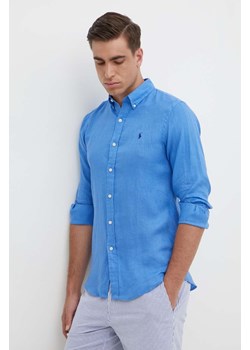 Polo Ralph Lauren koszula lniana męska kolor niebieski slim z kołnierzykiem button-down ze sklepu ANSWEAR.com w kategorii Koszule męskie - zdjęcie 172152535