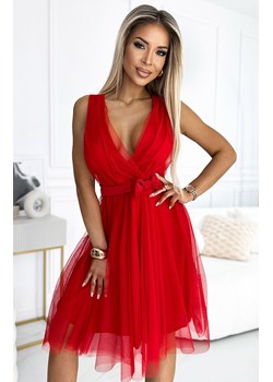 Tiulowa sukienka z dekoltem i kokardką czerwona 523-2, Kolor czerwony, Rozmiar one size, NUMOCO BASIC ze sklepu Primodo w kategorii Sukienki - zdjęcie 172157227