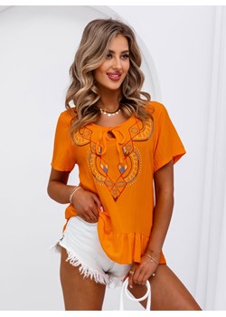 Pomarańczowa bluzka z ozdobnym haftem i baskinką Iluse - pomarańczowy ze sklepu pakuten.pl w kategorii Bluzki damskie - zdjęcie 172163036