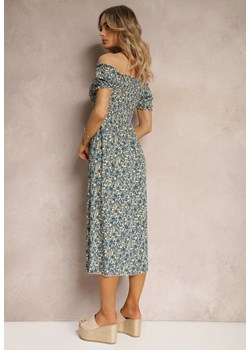 Niebieska Wiskozowa Sukienka w Kwiaty z Gumką w Talii i Marszczonym Dekoltem Poppysun ze sklepu Renee odzież w kategorii Sukienki - zdjęcie 172164088