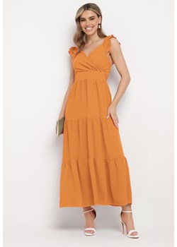 Pomarańczowa Sukienka na Ramiączkach z Falbanką z Kopertowym Dekoltem i Gumkami w Talii Gaveta ze sklepu Born2be Odzież w kategorii Sukienki - zdjęcie 172164126