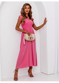 Różowa długa sukienka z krótkimi rękawami Evaliane - różowy ze sklepu pakuten.pl w kategorii Sukienki - zdjęcie 172172385