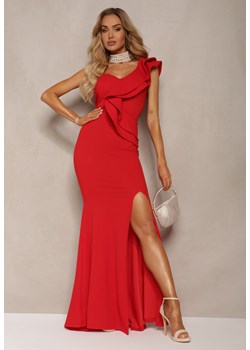 Czerwona Elegancka Asymetryczna Sukienka Zakładana przez Głowę z Falbanką i Rozcięciem Adnelia ze sklepu Renee odzież w kategorii Sukienki - zdjęcie 172194936