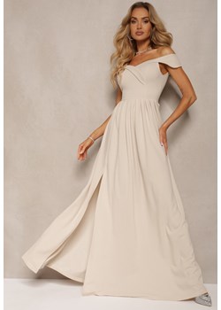 Beżowa Elegancka Długa Sukienka Hiszpanka Wykończona Rozcięciem na Dole Idelia ze sklepu Renee odzież w kategorii Sukienki - zdjęcie 172194966