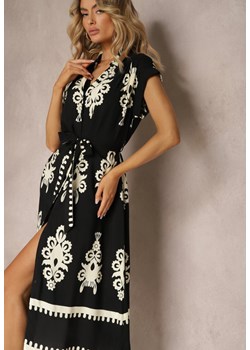 Czarno-Beżowa Boho Sukienka w Rozkloszowanym Stylu z Materiałowym Paskiem i Guzikami Jori ze sklepu Renee odzież w kategorii Sukienki - zdjęcie 172195029