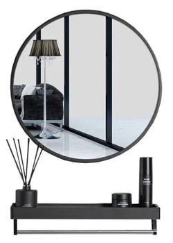 Czarne okrągłe lustro 80 cm z półką do łazienki - Odri ze sklepu Edinos.pl w kategorii Lustra - zdjęcie 172212025