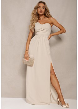 Beżowa Asymetryczna Koktajlowa Sukienka o Długim Rozkloszowanym Kroju Erulia ze sklepu Renee odzież w kategorii Sukienki - zdjęcie 172242346