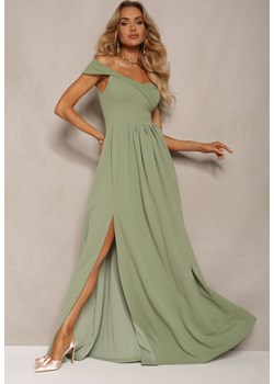 Jasnozielona Elegancka Długa Sukienka Hiszpanka Wykończona Rozcięciem na Dole Idelia ze sklepu Renee odzież w kategorii Sukienki - zdjęcie 172242396