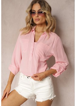 Różowa Bluzka Koszula z Lnem Wykończona Kołnierzykiem oraz Kieszonkami na Guziki Funelia ze sklepu Renee odzież w kategorii Bluzki damskie - zdjęcie 172242485