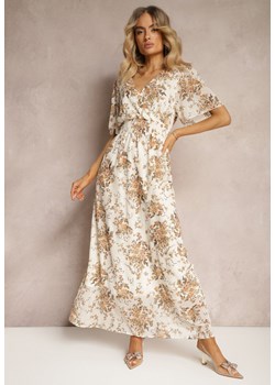 Beżowa Sukienka Kopertowa z Krótkim Rękawem Wiązana z Tyłu z Gumką w Talii Cristola ze sklepu Renee odzież w kategorii Sukienki - zdjęcie 172242565