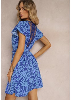 Niebieska Sukienka z Dekoltem z Siateczką z Krótkim Rękawem i Materiałowym Paskiem Mleasa ze sklepu Renee odzież w kategorii Sukienki - zdjęcie 172242575