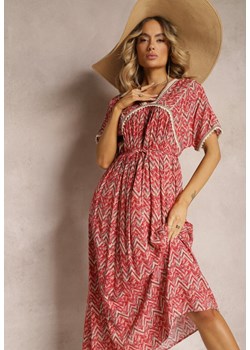 Czerwona Wiskozowa Sukienka w Stylu Boho z Krótkim Rękawem i Materiałowym Paskiem Giviata ze sklepu Renee odzież w kategorii Sukienki - zdjęcie 172242595