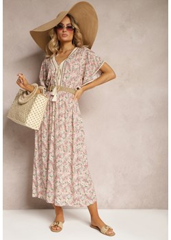 Różowo-Beżowa Wiskozowa Sukienka z Gumką w Talii Ozdobiona Koronką Tiola ze sklepu Renee odzież w kategorii Sukienki - zdjęcie 172242606