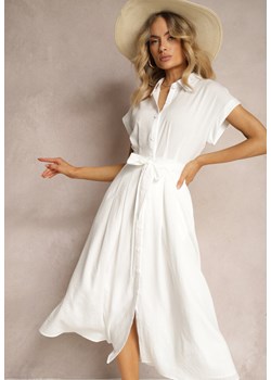 Biała Sukienka o Rozkloszowanym Kroju Zapinana na Guziki z Materiałowym Paskiem Moaril ze sklepu Renee odzież w kategorii Sukienki - zdjęcie 172242655