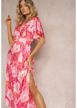 Różowa Satynowa Sukienka z Kopertową Górą Luźnymi Rękawami i Rozkloszowanym Krojem Karlemia ze sklepu Renee odzież w kategorii Sukienki - zdjęcie 172242745
