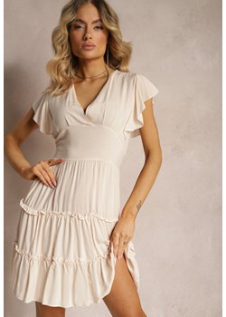 Beżowa Taliowana Sukienka Mini Ozdobiona Falbankami Salleni ze sklepu Renee odzież w kategorii Sukienki - zdjęcie 172242805