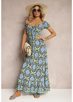 Niebieska Boho Sukienka z Wiskozy z Gumką w Talii Wiązana przy Dekolcie Osteria ze sklepu Renee odzież w kategorii Sukienki - zdjęcie 172242885