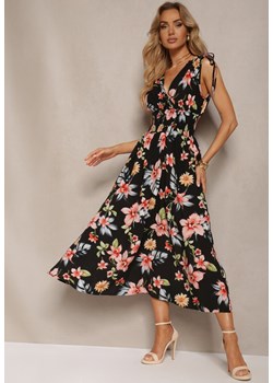 Czarno-Różowa Kwiecista Sukienka z Gumką w Talii i Trójkątnym Dekoltem ze Ściągaczami Taseria ze sklepu Renee odzież w kategorii Sukienki - zdjęcie 172242889