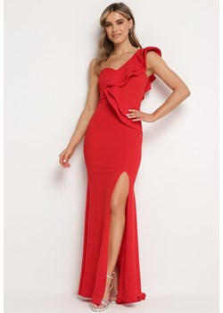 Czerwona Koktajlowa Sukienka na Jedno Ramię Ozdobiona Falbaną z Rozcięciem Acnelia ze sklepu Born2be Odzież w kategorii Sukienki - zdjęcie 172244186