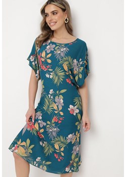 Granatowa Wiskozowa Sukienka w Kwiaty ze Sznurkiem w Talii Colsia ze sklepu Born2be Odzież w kategorii Sukienki - zdjęcie 172244649
