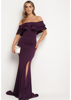 Fioletowa Elegancka Sukienka Typu Hiszpanka z Rozkloszowanym Dołem i Wycięciami Tumini ze sklepu Born2be Odzież w kategorii Sukienki - zdjęcie 172245868