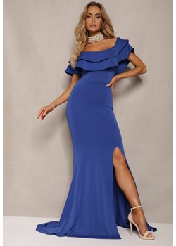 Niebieska Sukienka Wieczorowa o Fasonie Hiszpanki z Rozcięciami i Rozkloszowanym Dołem Ulcini ze sklepu Renee odzież w kategorii Sukienki - zdjęcie 172246646