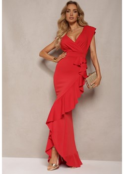 Czerwona Elegancka Sukienka Długa o Asymetrycznym Fasonie z Dekoltem w V i Falbaną Efimea ze sklepu Renee odzież w kategorii Sukienki - zdjęcie 172246706