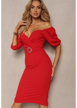 Czerwona Dopasowana Sukienka z Kopertowym Dekoltem Paskiem w Talii i Bufiastymi Rękawami Morndia ze sklepu Renee odzież w kategorii Sukienki - zdjęcie 172246796