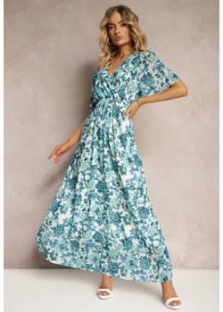 Biało-Niebieska Sukienka z Kopertowym Dekoltem z Gumką w Talii i Metaliczną Nicią Sollas ze sklepu Renee odzież w kategorii Sukienki - zdjęcie 172246827