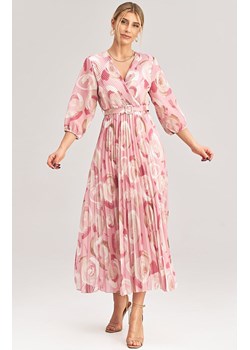 Plisowana sukienka z rękawem 3/4 M1006/167, Kolor różowy-wzór, Rozmiar uniwersalny, Figl ze sklepu Primodo w kategorii Sukienki - zdjęcie 172251718
