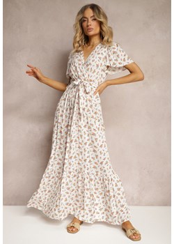 Biało-Różowa Sukienka z Wiskozy z Dekoltem w Serek z Gumką w Pasie i Materiałowym Paskiem Ganeslla ze sklepu Renee odzież w kategorii Sukienki - zdjęcie 172272098