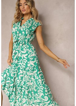 Zielona Wiskozowa Sukienka z Gumką w Talii i Materiałowym Paskiem Zapinana na Guziki Viealia ze sklepu Renee odzież w kategorii Sukienki - zdjęcie 172272105