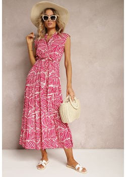 Różowa Rozkloszowana Sukienka z Wiskozy z Gumką w Pasie i Krótkim Rękawem Vienessa ze sklepu Renee odzież w kategorii Sukienki - zdjęcie 172272136