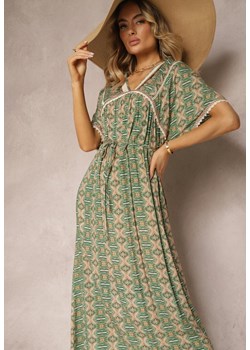 Zielona Wiskozowa Sukienka w Stylu Boho z Krótkim Rękawem i Materiałowym Paskiem Giviata ze sklepu Renee odzież w kategorii Sukienki - zdjęcie 172272185